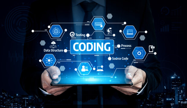 A professional holds a tablet showcasing vibrant coding icons and symbols, representing key aspects of software development and digital innovation in an urban environment. Tessel