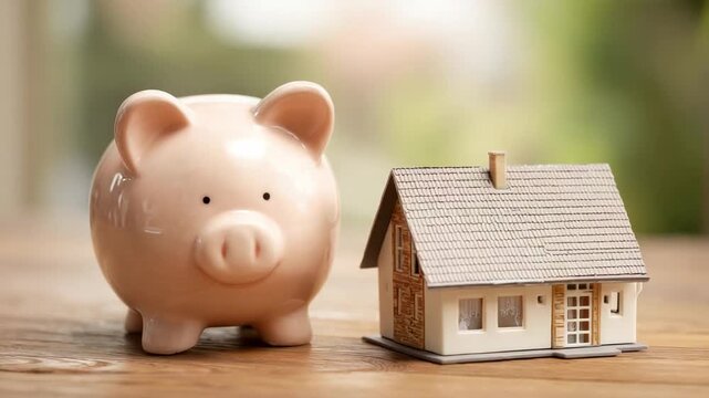 Piggy Bank's Dream Home: A whimsical piggy bank stands alongside a miniature house, symbolizing the sweet dream of home ownership and savings for a secure future.
