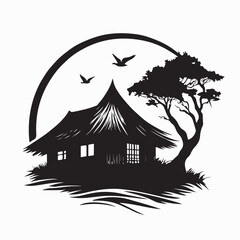Fototapeta premium Peaceful Village House Silhouette Minimalist Thatch Cottage Vector