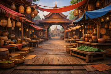 Obraz premium A vibrant market scene with wooden stalls and colorful canopies.