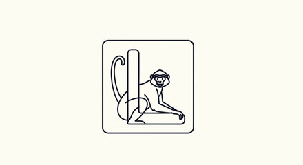Fototapeta premium Playful Monkey Character Sitting on Letter L, Minimalist Line Art Icon