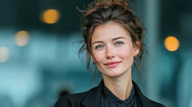 Modern Professional's Gaze: A confident, attractive woman in business attire exudes a serene yet empowered presence. The image captures poise and a hint of warmth.