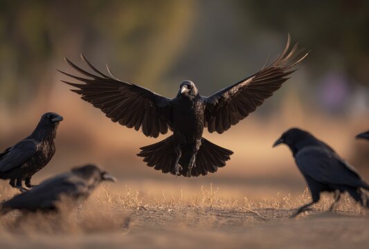 Aggressive crow with open wings displaying dominant posture in natural setting with other ravens standing nearby