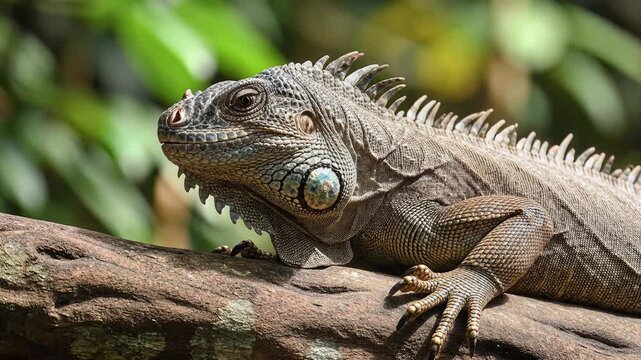 Closeup of a Green Iguana perched on a branch in lush foliage.