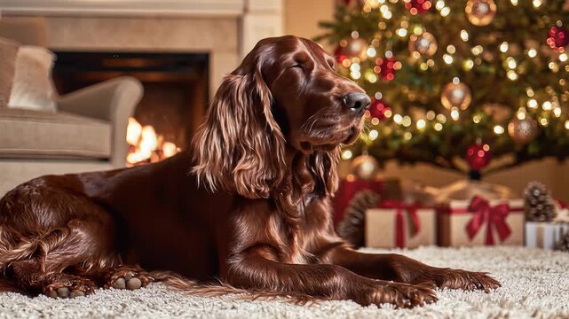 Irish Setter Dog Relaxing by a Cozy Fireplace and Decorated Christmas Tree.