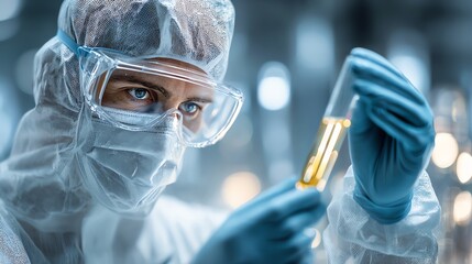 A scientist in protective gear carefully inspects a test tube filled with yellow liquid in a laboratory setting. The focus is on safety and precision in scientific research.