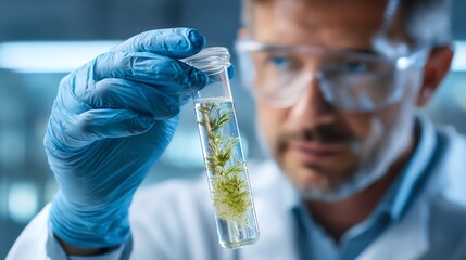 A scientist examines a specimen in a test tube, showcasing dedication to research and discovery. The image captures the essence of lab work in modern scientific environments.