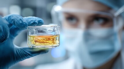 A scientist in protective gear examines a transparent jar filled with a yellow liquid, highlighting the intricate work in a modern laboratory environment focused on research and in