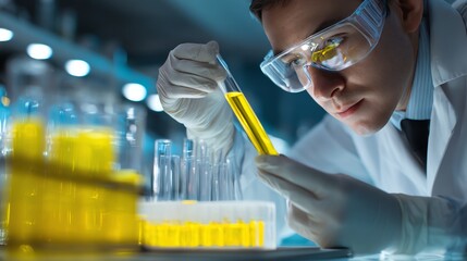 A focused scientist analyzes a yellow liquid in a test tube while working in a laboratory. The scene captures the essence of scientific research and innovation.