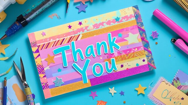 Vibrant handmade thank you card decorated with colorful washi tape glittery stars and a hand lettered Thank You message The card is on a craft desk with tools like scissors and markers nearby