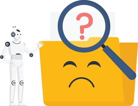 White robot data search error file not found digital confusion artificial intelligence missing information yellow folder sad face magnifying glass technology problem