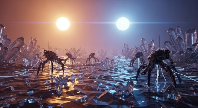 Mechanical spiders explore a rugged alien landscape illuminated by two glowing suns above large crystal formations.