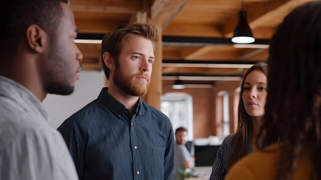 Four diverse professionals in a modern loft office actively engage in a focused discussion highlighting collabo n and strategic planning