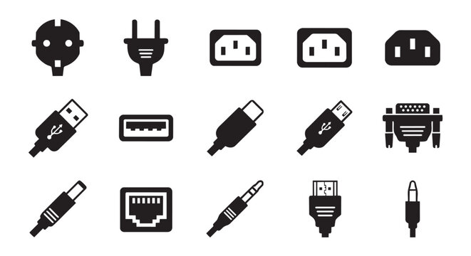 PrintComputer Connection Ports and Power Plug Icons Set - Electronic Connector Vector Silhouettes