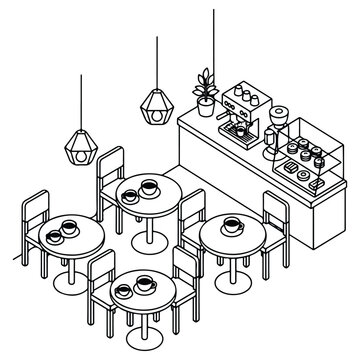 Isometric Cafe Interior Vector Illustration, Line Art Set of Coffee Shop Tables Chairs and Bar Counter, Modern Minimalist Restaurant Layout Sketch, Black and White Bistro Outline Drawing for Design