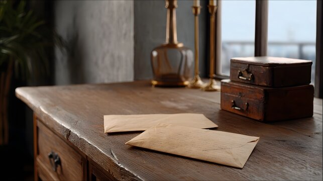 A vintage wooden desk with old letters and antique boxes set in a quiet interior with a window view