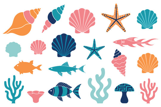 Underwater ocean life and sea creatures icons for marine theme.