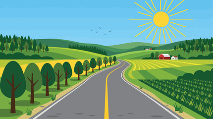 scenic country road with sunrise and farmland vector illustration © MSTSUMAIYA