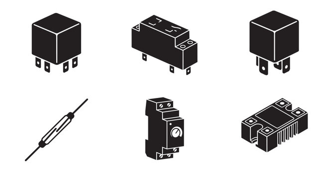 PrintElectromechanical relay icon for industrial circuit control isolated on white.