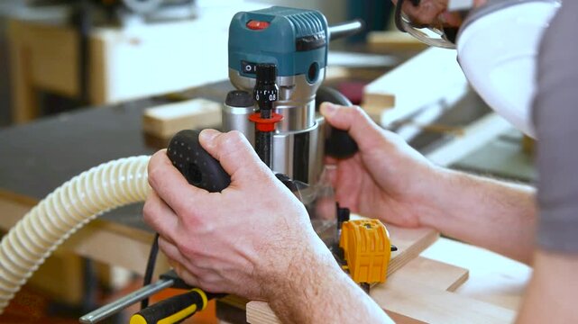 Woodwork workshop electric router tool shaping wooden plank with precision and care for detailed woodworking craftsmanship