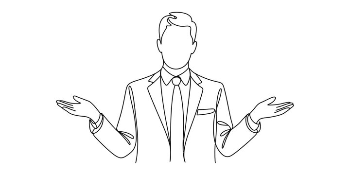 A minimalist single line drawing of a businessman shrugging with his palms held facing upward Vector, illustration