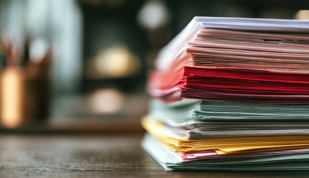 A large stack of multicolored paper documents on a wooden surface, with a blurred background