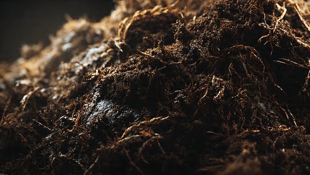 fresh cow dung with dramatic side lighting, emphasizing soft mushy texture, moist glossy highlights, fibrous organic detail, dark shadows, realistic style