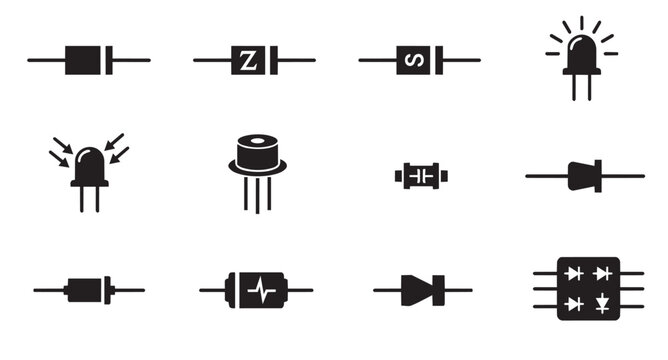 PrintElectronic Diode Icon Set - Black Vector Silhouettes of Zener, LED, Schottky, and Laser Diodes Isolated on White Background.