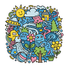 Fototapeta premium Cheerful colorful doodle collage of sun sky flowers trees and whimsical plants.