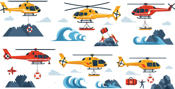 Rescue helicopter vector set with sea waves mountains and emergency operations illustrations for coast guard and disaster response design
