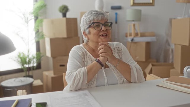 Woman with clasped hands wearing glasses and grey hair seated at a table with paperwork, notebooks and moving boxes in a building; hopeful moving day.