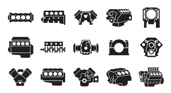 PrintCar Engine Parts and Internal Combustion Motor Icons Set - Black Vector Silhouettes