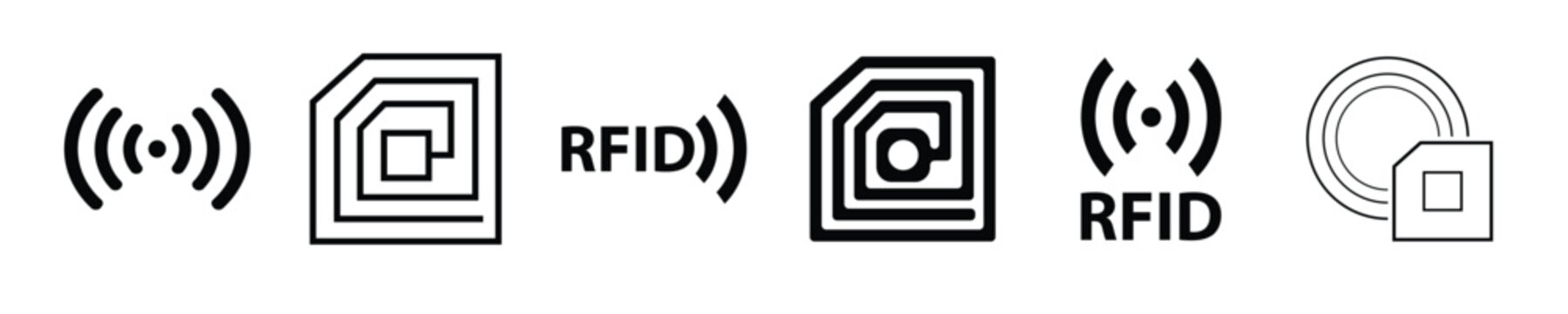 Set of black glyph icons representing barcode scanning, RFID technology, warehouse inventory management, and logistics. RFID radio frequency identification technology symbol with signal waves,  vector
