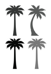Tropical palm tree silhouettes, a set of four distinct black and gray vector palm tree icons, ideal for summer, vacation, and travel designs, graphic resources for beach and island themes. © Shanza