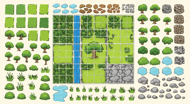 Isometric game map tileset with green forest trees and river, cartoon landscape construction kit for level design, nature environment assets for mobile gaming vector isolated PNG with