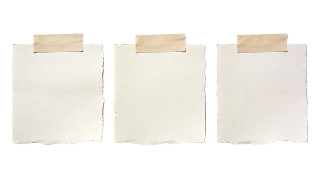 Three blank torn paper notes with adhesive tape, arranged horizontally on a clean white background, perfect for custom messages or creative mockups