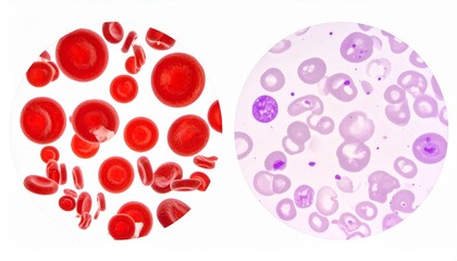 Fototapeta premium Microscopic comparison view of normal blood smear and iron deficiency anemia