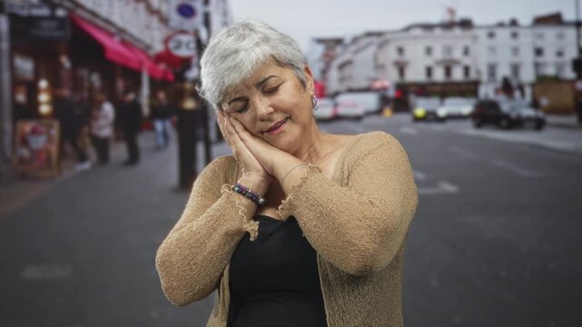 Woman pressing hands to cheek in a sleep gesture on a busy street wearing a cardigan and bracelets; serenity rest.