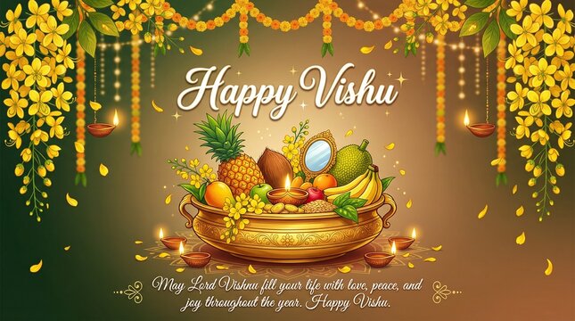 Happy Vishu greetings. April 14 Kerala festival with vishu flowers.abstract vector illustration design