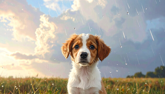 Dog portrait in field under cloudy sky