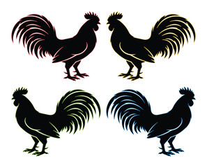 Stylized rooster silhouette vector set, four vibrant black cockerel illustrations, farm animal graphic resource for branding and design projects, isolated on white background © Farzana