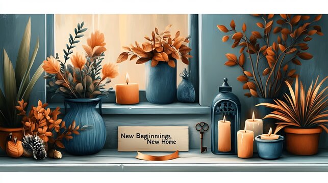 Vibrant housewarming card with warm wishes for a couple's first cozy apartment featuring soft pastel tones plants candles and a key with a ribbon Text reads New Beginnings New Home