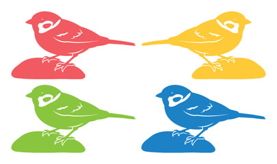 Fototapeta premium Colorful bird vector set, four vibrant sparrow illustrations, charming avian silhouette collection, nature-inspired graphic elements for design projects