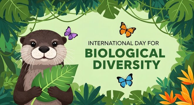 An otter holding a leaf with butterflies and plants around it for international day for biological diversity