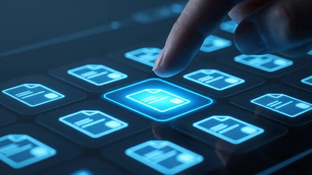 Digital document selection on glowing screen.