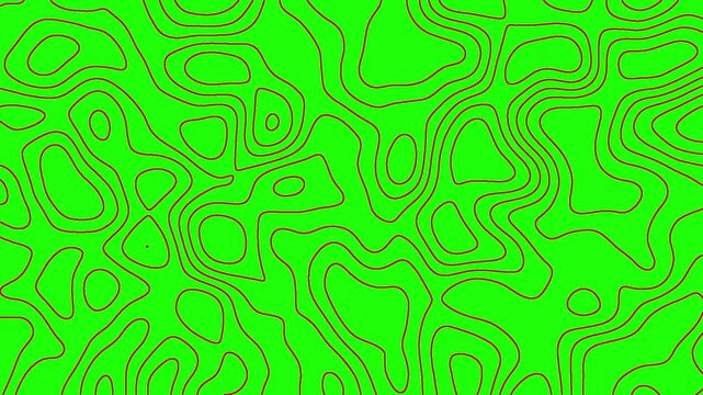 abstract red geometric grid topographic line contour map green background, futuristic animated wavy lines waveforms backdrop pattern seamless loop video, dynamic topography polygon angular clip