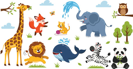 Obraz premium Cute Cartoon Animal Collection with Giraffe, Fox, Elephant, Lion, Whale, Zebra, and Panda for Kids' Designs