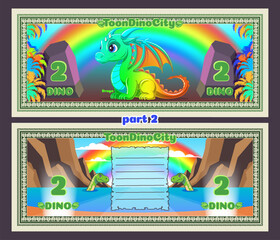 Vector cartoon colored beautiful banknotes, coupons or flyers. Obverse and reverse. Rainbow cute little smiling baby toon dinosaur or iridescent dragon with wings. Denomination two dino. Mountains 2 © GAlexS