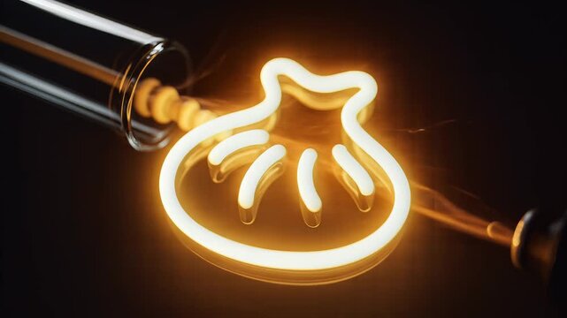 Glowing Neon Dumpling Sign with Syringe and Pills.