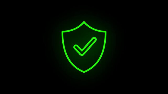 A green neon shield icon with a checkmark glows brightly on black. -Transparent Background.